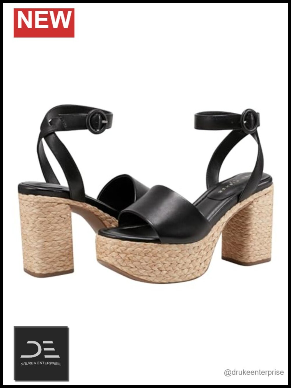 Woven Leather Block Heel Sandals Ankle Strap Open Toe